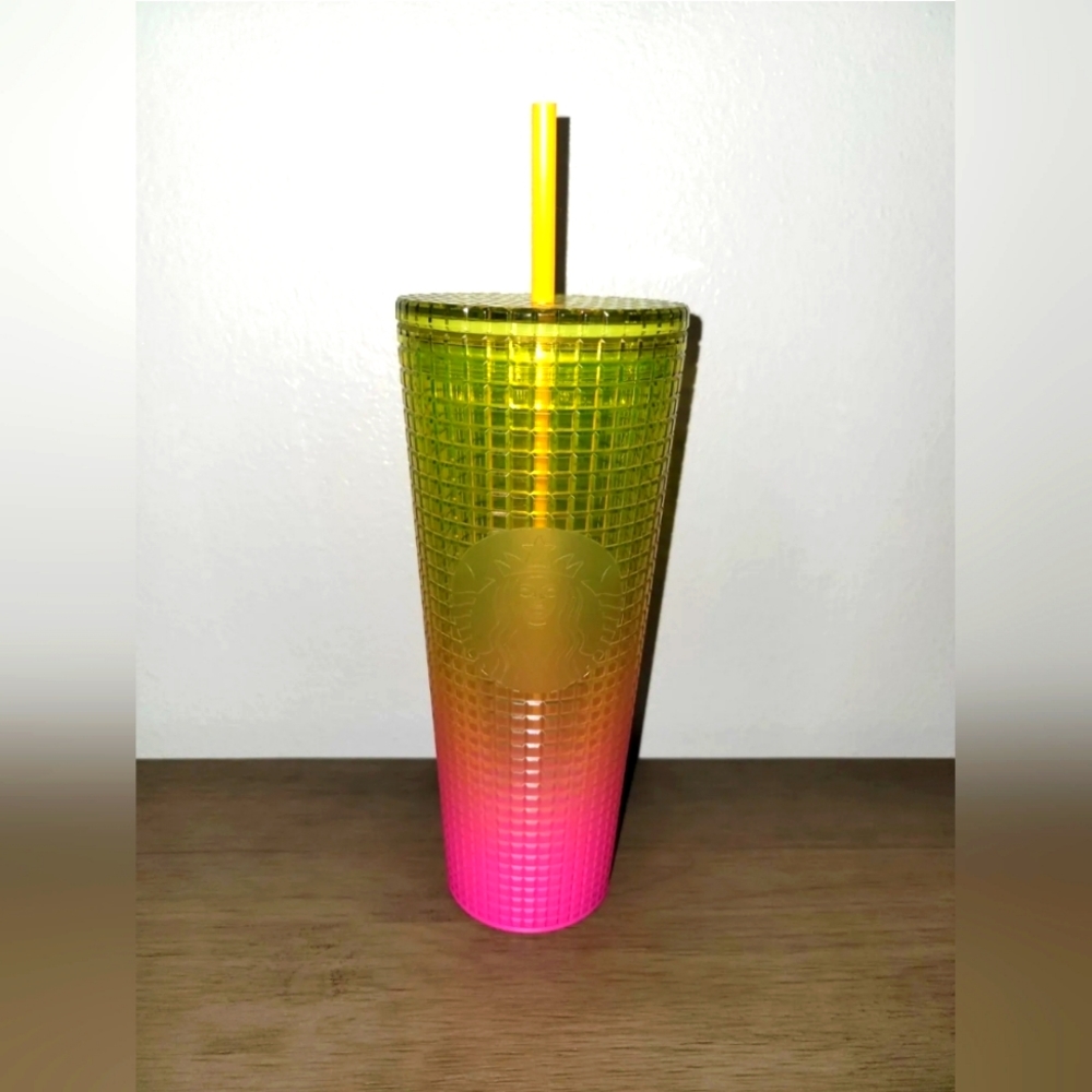 New Starbucks Tumbler Pink Yellow Orange Sunset Gridded Acrylic Summer 2022